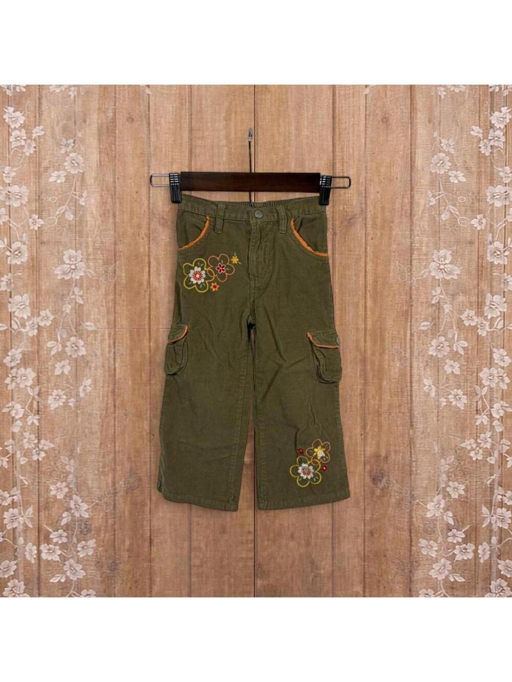 Y2K BT KIDS Floral Corduroy Cargo Pants Olive Green
